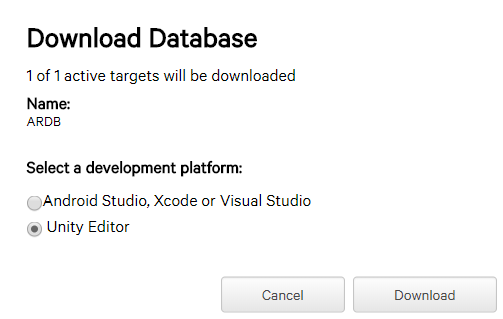 Vuforia Download Database window